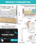 Product parameters for Clear Acrylic Periodic Table Display With Wooden Stand Featuring 83 Real Elements Includes 6 Chemistry Formula Reference Cards Cool Classroom Decor And Science Teacher Gift For Any Lab.