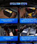 OBD II Car Memory Saver Cable 12V Emergency Power Supply For Vehicle ECU with Digital Display showing operating steps