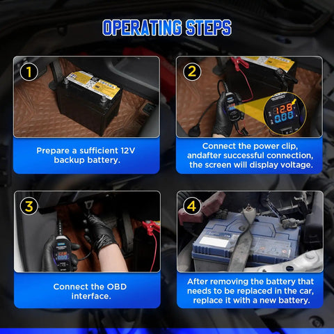 OBD II Car Memory Saver Cable 12V Emergency Power Supply For Vehicle ECU with Digital Display showing operating steps