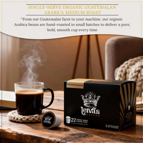 Guatemalan Single Serve K Cups Coffee Pods 22 Count Medium Roast box with brewed coffee on table in home setting