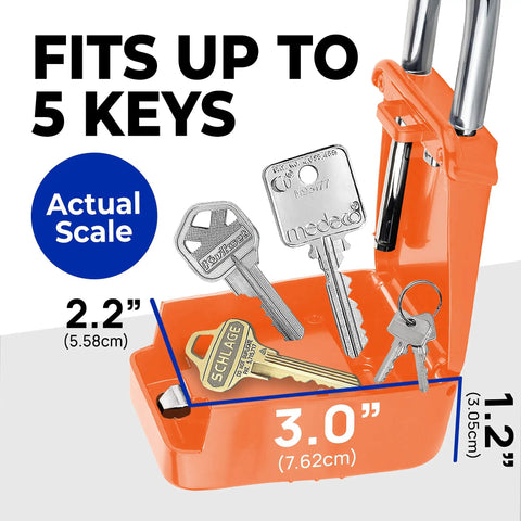 Heavy Duty Outdoor Key Lock Box With Code Holds Five Keys shown open with keys inside, highlighting dimensions and features.