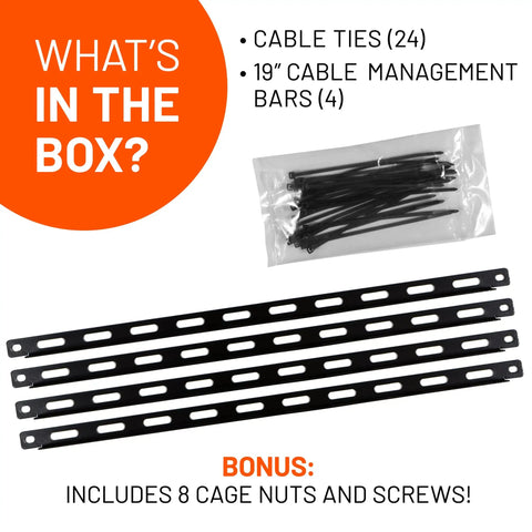 Rack Cable Management Kit With 1U Tie Bars, 24 Zip Ties, 8 Cage Nuts And 8 Screws For 19 Inch Open Frame Racks And Enclosures contents