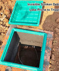 Composite Resin Manhole Cover For Outdoors Heavy Duty Sump Pump Access Lid With Low Profile Landscape Friendly Design 60 By 60 Cm And 24 By 24 In Weatherproof Pressure Resistant Lawn And Park Drainage Solution showing open cover on ground