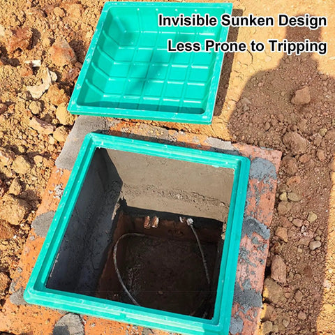 Composite Resin Manhole Cover For Outdoors Heavy Duty Sump Pump Access Lid With Low Profile Landscape Friendly Design 60 By 60 Cm And 24 By 24 In Weatherproof Pressure Resistant Lawn And Park Drainage Solution showing open cover on ground