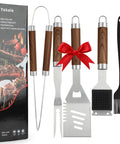 Complete 5 Piece BBQ Grill Tool Set With Spatula Fork Tongs Basting Brush And Cleaning Brush For Outdoor Grilling, wood handles