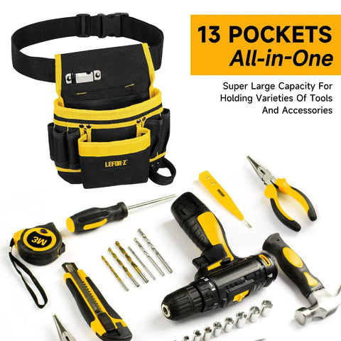 13-pocket black and yellow tool bag with hand tools, showcasing "26 Pocket Nylon Tool Belt With Detachable Pouch" features.