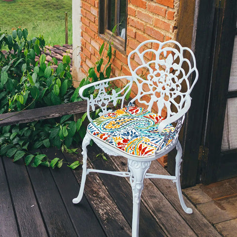 Outdoor Indoor Chair Cushions With Ties 16 By 17 Inch Patio Seat Pads Paisley Multi All Weather Polyester Sponge Filled Core For All Day Comfy Set Of 2 on decorative wrought iron chair on wooden deck