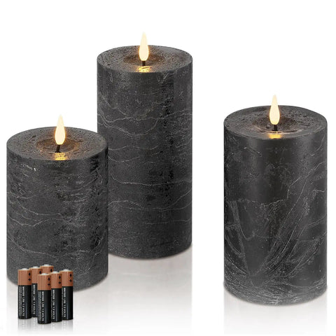 Real Wax Black Flameless Pillar Candles Set Of 3 With Remote Timer Battery Operated LED Candles 3 Inch Diameter Realistic Flickering Flame For Cozy Farmhouse Decor