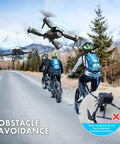 1080P HD Dual Camera Drone With Obstacle Avoidance Foldable RC Quadcopter flying near cyclists in mountain scenery