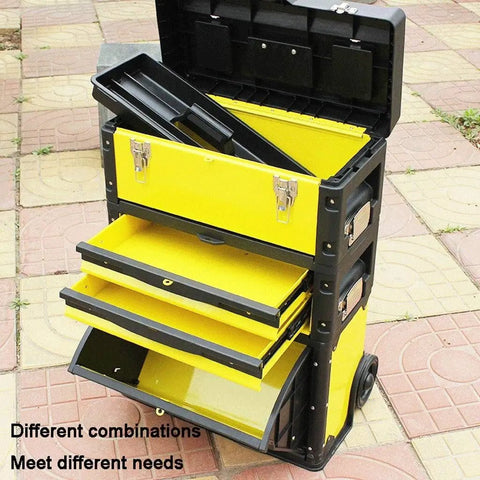 Open On The Go Stackable Toolbox With Rolling Wheels And Comfort Grip Handle, yellow heavy-duty mobile organizer with multiple compartments.