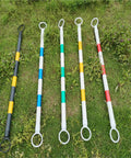 Heavy Duty Street Smart Ten Piece Retractable Traffic Cone Bar Extending Four To Seven Feet, colorful safety barrier poles on grass.