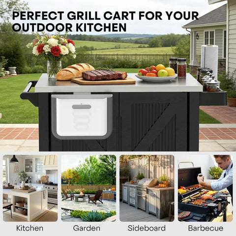Outdoor Grill Cart With Stainless Steel Tabletop And Storage Cabinet for patio cookouts and BBQs.