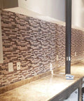 Kitchen backsplash with Thick Peel And Stick Wall Tile Set in sandstone, 2-2.5mm thick, self-adhesive vinyl, 10 sheet pack.