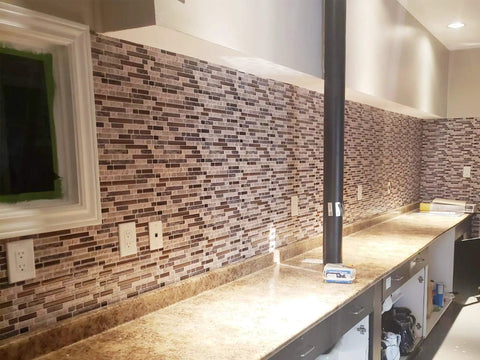 Kitchen backsplash with Thick Peel And Stick Wall Tile Set in sandstone, 2-2.5mm thick, self-adhesive vinyl, 10 sheet pack.