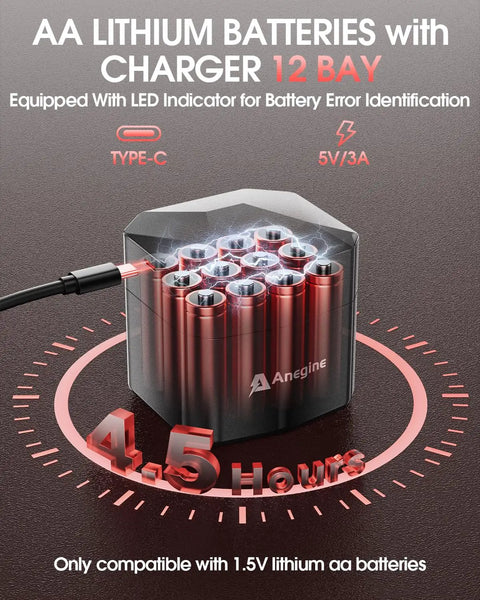 Rechargeable AA Lithium Batteries With 12 Slot Charger, 12 Pack 3600mWh Li Ion AAs, 1.5V, 2000+ Cycles, Powers Blink Outdoor Camera And Everyday Electronics, Red inside charger bay