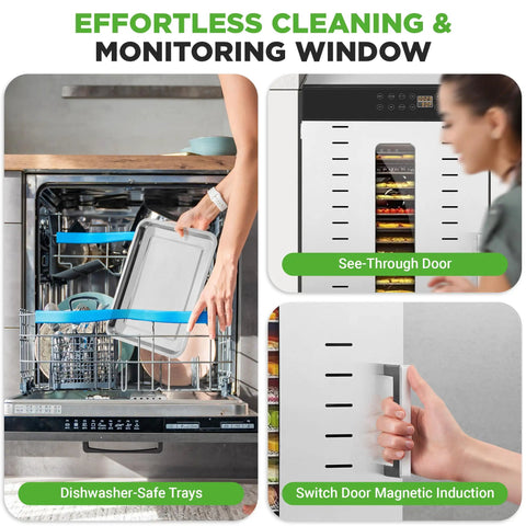 Effortless cleaning with dishwasher-safe trays, see-through door, and magnetic induction handle for 30 Tray Commercial Food Dehydrator.