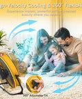 Family enjoying high-velocity cooling from 16 Inch Battery Powered Floor Fan with 2500 CFM airflow and 360-degree tilt