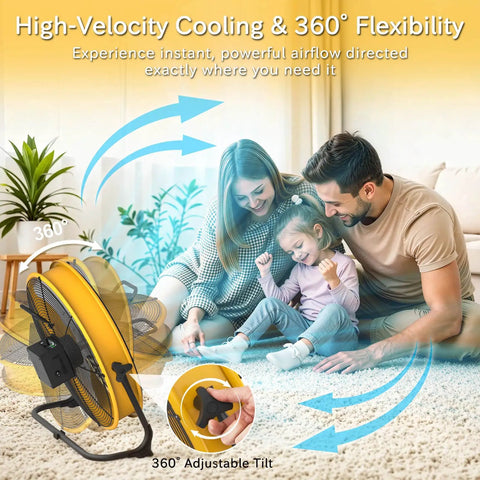 Family enjoying high-velocity cooling from 16 Inch Battery Powered Floor Fan with 2500 CFM airflow and 360-degree tilt