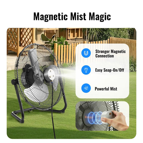 14 Inch Magnetic Misting Outdoor Fan With Wall Mount Kit Snap On Mist System on green lawn with misting feature
