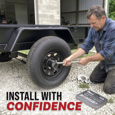 Person installing wheel on trailer using Pack Of Two Rugged Trailer Axle Kits With Four On Four Bolt Pattern Idler Hub And One And One Quarter Inch Round BT8 Spindle Hella Tough Build For No Sweat Swaps And Boss Trailering Adventures.