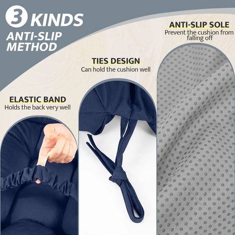 Elastic band, ties design, and anti-slip sole features of Outdoor Adirondack Chair Cushion Set With Thick High Back Tufted Design Weatherproof And Waterproof Anti Slip Lounge Pads For Patio Garden Or Balcony 44x19x4 Inches Easy Care Fade Resistant.