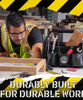 Man working with drill beside tool-filled black organizing caddy with text overlay 'Durably Built for Durable Work'