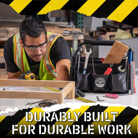 Man working with drill beside tool-filled black organizing caddy with text overlay 'Durably Built for Durable Work'