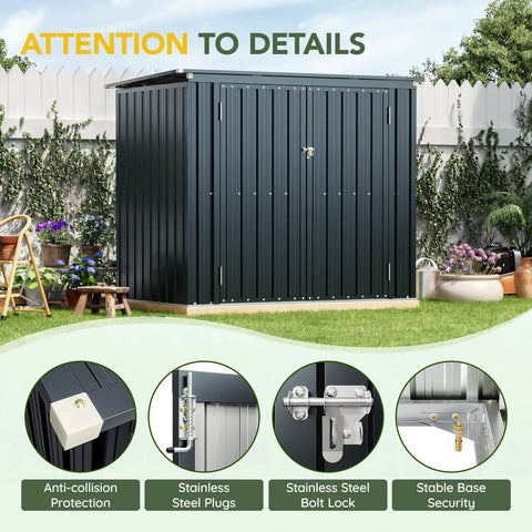 Outdoor Trash Can Storage Shed 6x3 Ft Metal Garbage Bin Enclosure with Lift Up Lid, gas strut, lockable double doors in garden setting