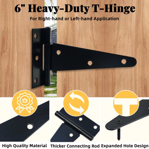 6-inch heavy-duty T-hinge on wooden surface with detail views, part of Heavy Duty Shed Door Hardware Kit With 5.5 Inch T Handle Lock, Six 6 Inch T Hinges, Two Shed Door Latches, A Complete Double Door Lock Installation Set For Windows, Gates, Barns, Playhouses, Chicken Coops And Outdoor Sheds.