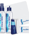 ClearView Lens Cleaner Kit front view: blue-capped 8oz spray bottles, 1oz travel spray, and three microfiber cloths