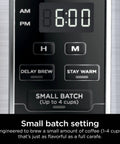Close-up of 12 Cup Programmable Coffee Brewer With Classic Or Rich Brew Styles control panel with small batch setting button.