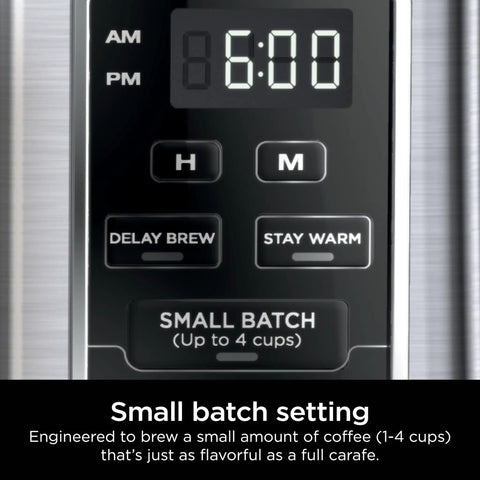 Close-up of 12 Cup Programmable Coffee Brewer With Classic Or Rich Brew Styles control panel with small batch setting button.