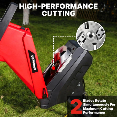 Powerful 15 Amp Electric Wood Chipper Shredder For Easy Yard Cleanup 45L Collection Bag showing double sided blades and feeding area
