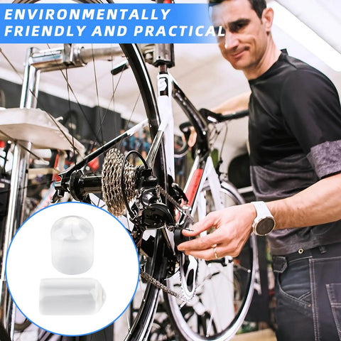 Man fixing bike with 60Pcs Rubber End Caps Set for Bolts and Screws, Flexible Vinyl Thread Protectors, Clear Bolt Covers shown.