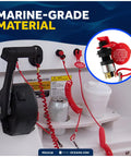 Universal Emergency Kill Switch For Boats And Personal Watercraft shown with coil lanyard, snap hook, red buoy, marine-grade material.