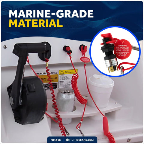Universal Emergency Kill Switch For Boats And Personal Watercraft shown with coil lanyard, snap hook, red buoy, marine-grade material.