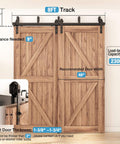 Double Track Bypass Sliding Barn Door Hardware Kit For Two Doors With J Shape Hangers Low Ceiling Friendly No Fuss Install Heavy Duty Carbon Steel With Black Powder Coat Smooth Glide Fits Standard Door Panels Up To 48 Inches Wide showing wood doors on a track system.