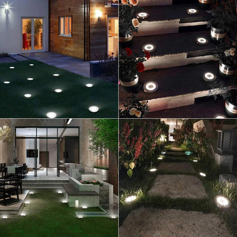 12 Pack Solar Ground Lights With 8 LED Each In Ground Round Puck Lights For Landscape Pathway Yard Garden Walkway Outdoor Solar Powered Lighting No Wiring Waterproof Cool White illuminating garden and pathway at night
