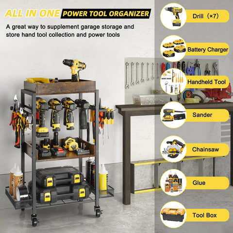 Power Tool Organizer Rolling Cart For Garage Storage And Workshop Organization Tool Rack And Drill Holder Shelving On Wheels