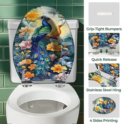 Elongated Toilet Seat Resin for Bathroom featuring colorful peacock and floral design, suitable for most standard toilets.