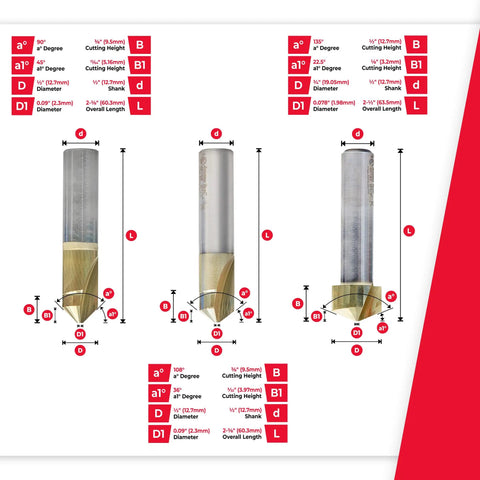 Snag These Heavy Duty Zirconium Nitride Coated Carbide V Groove Router Bits showcasing 90 108 135 degree angles and dimensions.