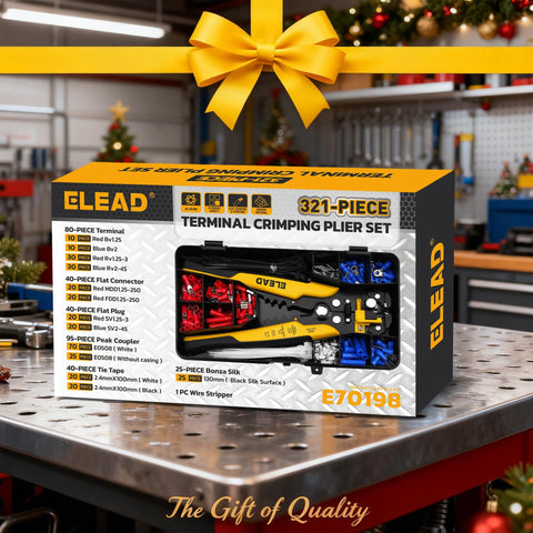 All In One 321 Piece Wire Connectors Kit With Self Adjusting Stripper Three In One Crimp Stripping Cutting Tool box on workbench