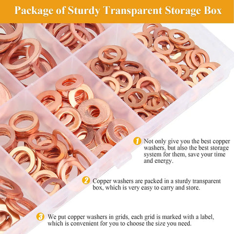 Copper Washers Kit 228-Piece Set Must-Have 10 Sizes M5 M6 M8 M10 M12 M14 M16 Flat And Sealing Copper Washers in Storage Box