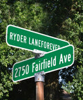 Custom Green Street Signs Personalized Aluminum Yard Decor Rock Solid Heavy Duty Outdoor Message Plate 6 By 24 Inches at an intersection.