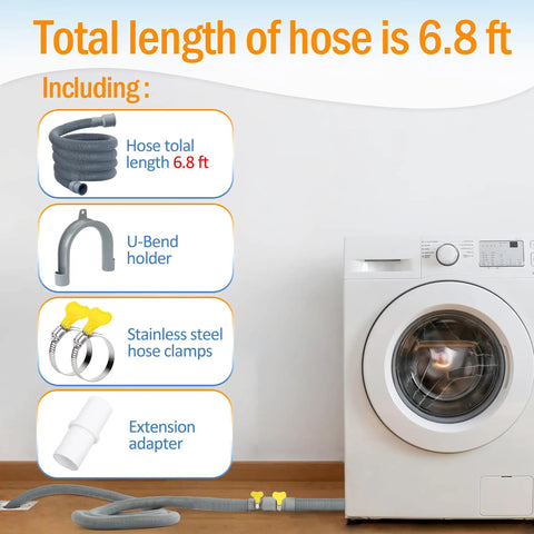 Image of 6.8 Feet Washing Machine Drain Hose Extension Kit with hose, clamps, adapter, U-bend holder installed next to a washer.