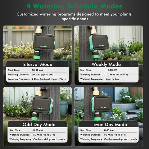 Brass Inlet And Outlet Smart Sprinkler Hose Timer With Flow Meter Dope App Remote Control For Garden Hose And Bluetooth 2.4GHz WiFi Connection Automatic Drip Irrigation System For Lawn And Yard showcasing 4 watering schedule modes