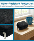 Hearing Aid Case With Travel Pouch And Battery Holder, waterproof EVA shell on desk, close-up of zipper and water droplets