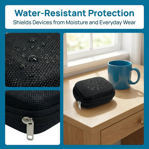 Hearing Aid Case With Travel Pouch And Battery Holder, waterproof EVA shell on desk, close-up of zipper and water droplets