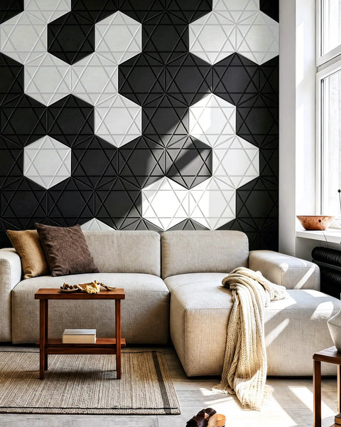 Kick The Echo To The Curb With Hexagon Acoustic Panels 12 Pack Self Adhesive Sound Proofing Foam Wall Tiles High Quality Polyester Fiber Noise Reduction Tiles For Room Treatment on black wall behind modern sofa.