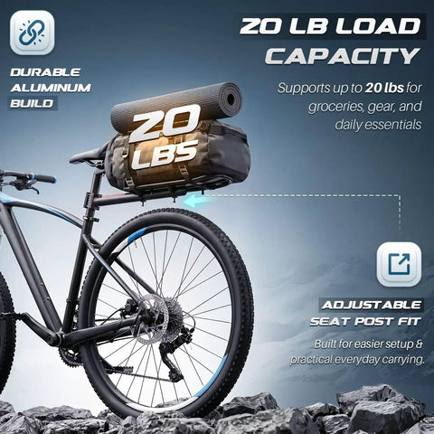 Bike with Adjustable Rear Bike Carrier Rack With 20Lb Capacity Universal Extendable Aluminum Cargo Rack for gear